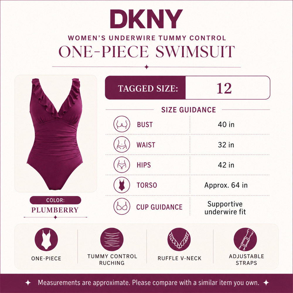 NWT DKNY Ruffle Plunge Underwire Tummy Control Swimsuit 12 Plumberry - Picture 8 of 8